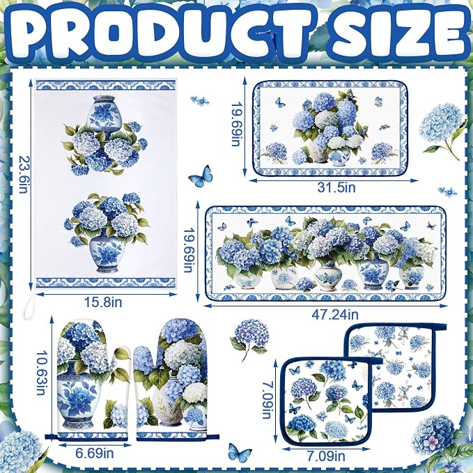 Fanfanwin 10 Pcs Chinoiserie Blue White Hydrangea Kitchen Decor Set Blue and White Chinese Floral Dish Towels Rugs Oven Mitts Pot Holders for Cooking Baking Mom Gift Home Hydrangea Decor