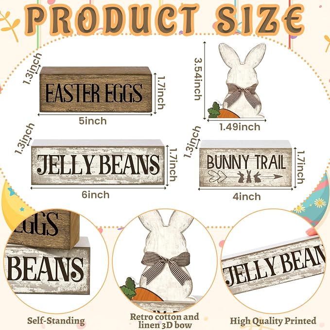 Lineshading 4 Pcs Wooden Easter Rabbit Block Signs Farmhouse Tiered Tray | Rustic Tabletop Signs for Tiered Tray, School Beach Theme Decor, Christmas Farmhouse Gift, Travel Wood Shelf Display