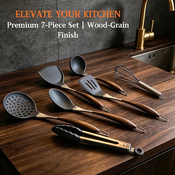 Silicone Cooking Utensil Set 7-Piece, Heat Resistant Kitchen Utensils Set Non-Stick with Wood Grain Handle, BPA-Free Spatula Set Dishwasher Safe (Space Gray)