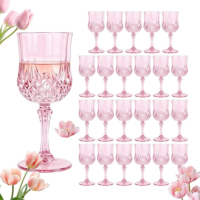 24Pack Plastic Wine Glasses, 7oz Vintage Goblets for Wedding | Unbreakable Crystal Style Reusable Stemware, Elegant Pink Drinking Glass for Party Anniversary & Holiday Celebration