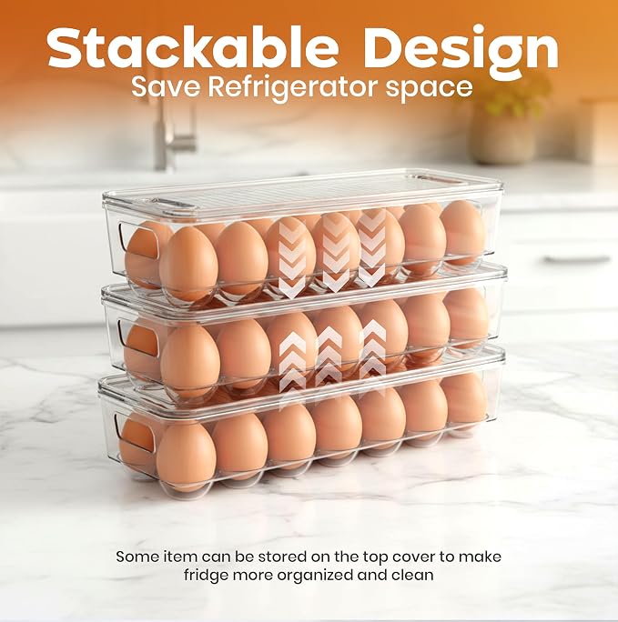 Utopia Home Egg Holder for Fridge, Stackable Egg Container, 4 Pack, Clear | With Lid and Handle, For Refrigerator Organization, Egg Holder For Kitchen or Pantry Organizers and Storage