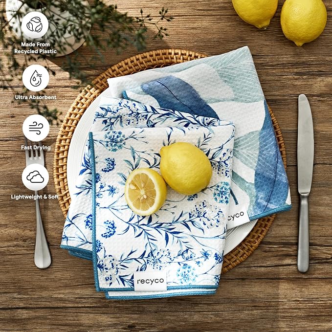 RECYCO Waffle Kitchen Towel Set of 2 - Quick Dry Microfiber Sustainable Dish Towels - Ultra Absorbent Reusable Cleaning Tea Towels - Lightweight Hand Towels,16”x 28”, Stormy Blue