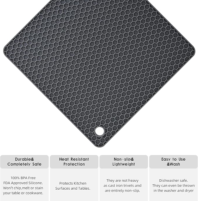 Silicone Trivets Mats Silicone Pot Mat for Countertop Trivet Pads Heat Resistant Table Placemats 4 Pack,Size:7.5x7.5 Inch, Shape: Square (Grey Blue)