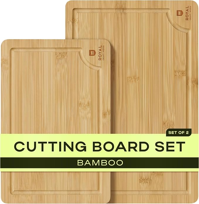 ROYAL CRAFT WOOD Wooden Cutting Boards for Kitchen Meal Prep & Serving - Bamboo Wood Serving Board Set with Deep Juice Groove Side Handles - Charcuterie & Chopping Butcher Block for Meat