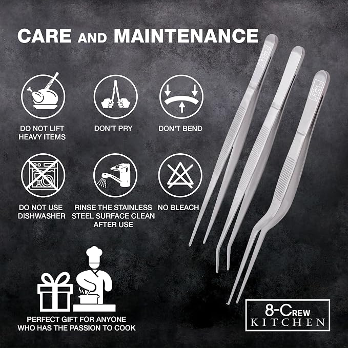 8-CREW KITCHEN Culinary Stainless Steel Tweezers, 6-inch Set of 3 Chef Precision Tongs for Plating, Decorating, Food Design, Bar and Multi-Purpose