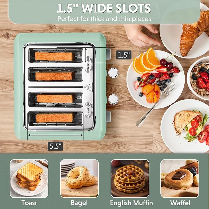 BUYDEEM DT640 4-Slice Toaster, 7 Shade Settings, Extra Wide 1.5’’ Slots for Bagel & English Muffin, 6 Toasting Functions, Retro Stainless Steel Toaster with High Lift Lever, 1800W, Green