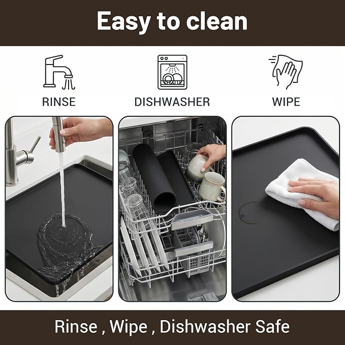 ZJWZLG Silicone Coffee Mat for Countertop, 16x16 inch - Heat Resistant Espresso Machine Mat with Raised Edge, Non-Slip Waterproof Station Pad, Compact Coffee Bar & Kitchen Accessories - Black