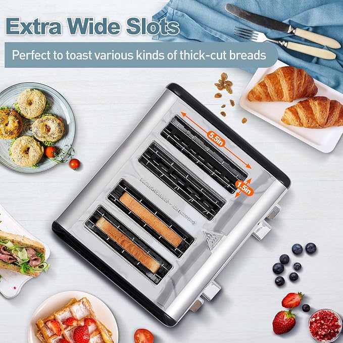 CUSIMAX 4 Slice Stainless Steel Toaster with Digital Display, Black | LED Display with Countdown Timer, 6 Browning Levels, Bagel/Defrost/Cancel, Dual Independent Controls, 1.5" Extra Wide Slots