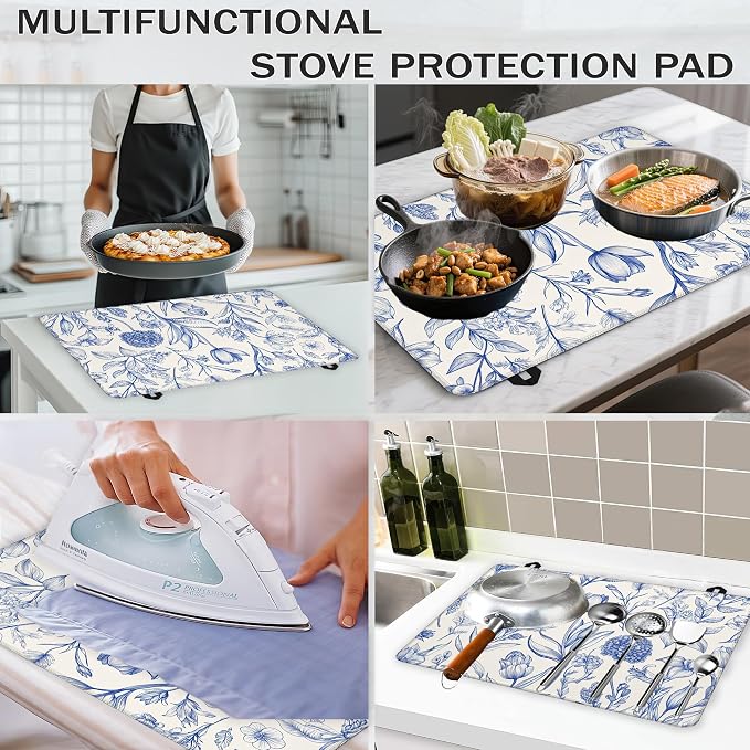 Retro Blue Floral Glass Top Stove Cover Protector,Spring Flower Stove Top Covers for Electric Stove,Washable Heat Resistant Cooktop Mat Anti-Slip Range Covers, 28 x 20 Inch