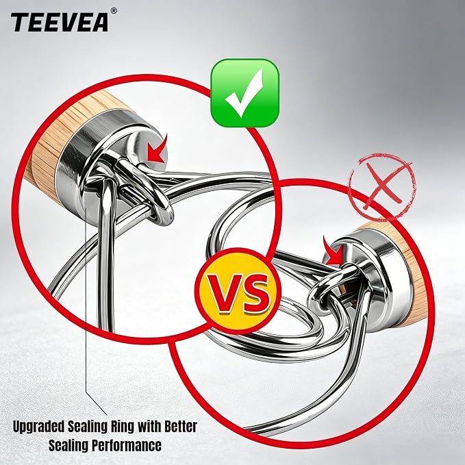 TEEVEA Danish Dough Whisk Stainless Steel Wooden Handle for Sourdough Bread | 4-Loop Food-Grade Steel Dutch Whisk, Even Mixing, Replaces Dough Hook and Mixing Spoon, Nonstick Easy Clean, Sourdough Mixer