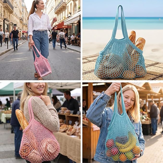 Mabor 2 Pcs Mesh Tote Bag, Reusable Foldable Cotton Mesh Grocery Produce Bag for Shopping, Lightweight Net Tote, Blue & Pink