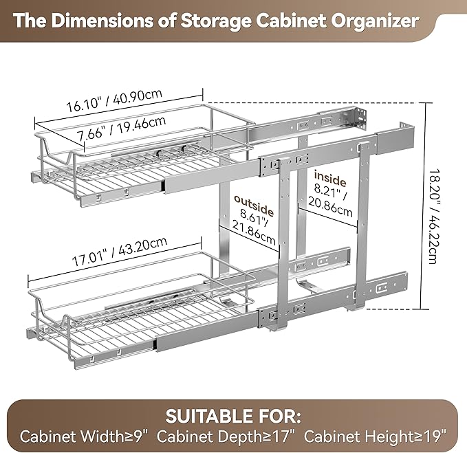 2 Tier Pull Out Cabinet Organizer 9" W X 17" D, Chromed, Full Slide Out | For Kitchen Organizers and Storage, Pull Out Drawers For Cabinets Capacity Heavy Duty Caddy, Cabinet Shelves, Bathroom Pantry