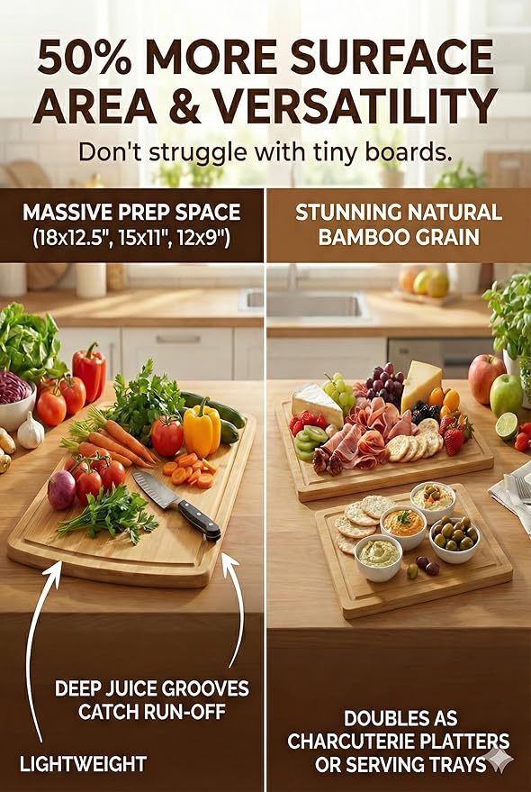 HEALTHIEST Glue-Free Surface Organic Bamboo Wood Cutting Board 3-Piece Set – Non Toxic Cutting Board Set – Lightweight, Heavy Duty Wooden Serving Boards for Charcuterie - Safer Family Meal Prep