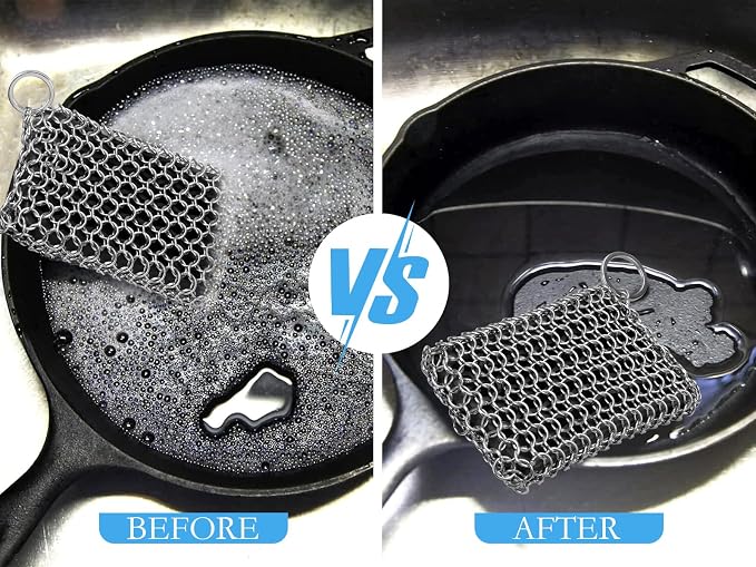 Herda 316L Cast Iron Scrubber Cleaner, Large Chainmail Cast Iron Cleaner | Honeycomb Silicone Insert, Flexible,Stainless Steel Chain Mail Metal Sponge Scrub Skillets,Oven,Flat Top,Grill Pan Pot Brush