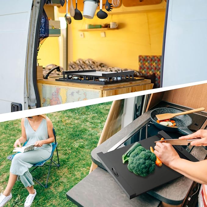 Rv Stove Top Cover Board Wood Noodle Board Camper Stove Top Cover Countertop Cutting with 5 Pcs Adjustable Non-slip Rubber Feet Leg Juice Groove for Trailer Gas Burner Kitchen(Black)