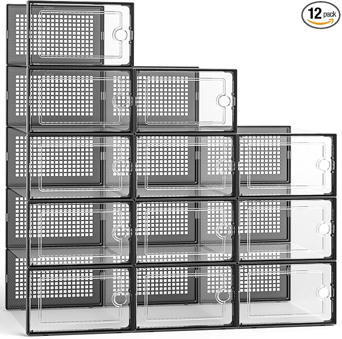 Kuject 12 Pack Large Shoe Boxes, Clear Stackable Containers with Lids,Black | Shoe organizers for closet & entryway, under-bed,Drop-front design fits women's size 10