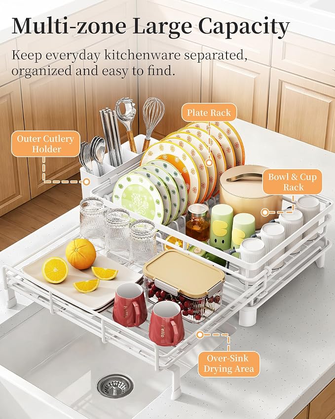 SAYZH Expandable Dish Drying Rack for Kitchen Counter, Metal, White | Foldable Over Sink, Large Capacity, Rust-Resistant, Adjustable for Most Sinks, Automatic Drainage, Removable Utensil Holder