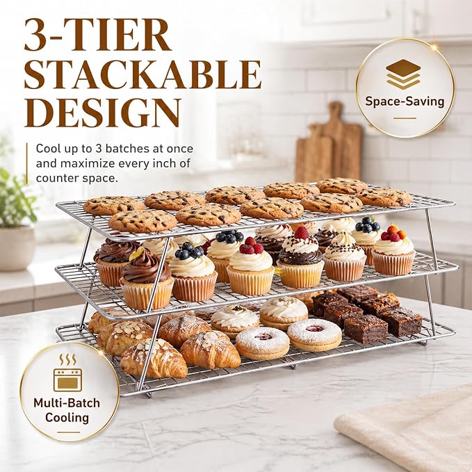 Cooling Rack 16"x10", 3-Tier Stackable & Collapsible Cooling Racks | Cooling Racks for Cooking and Baking, Roasting, Grilling, Oven & Dishwasher Safe (Silver, 3-Tier-SL)