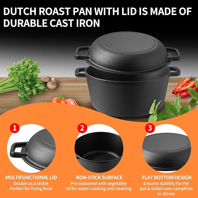Vivicreate 5 QT Cast Iron Dutch Oven 2 in 1 Pre Seasoned with Skillet Lid Oven Safe Campfire Baking Sourdough Bread Camping Cookware Ollas de Hierro Fundido Para Cocinar Olla de Cocina Grande