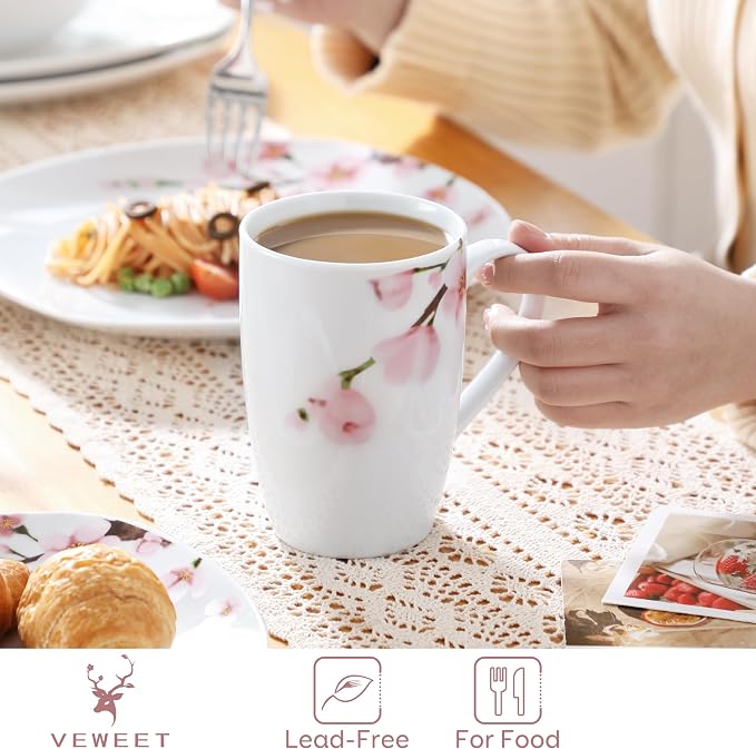 VEWEET Floral Coffee Mugs Set of 6, 16 OZ Large Handle Ceramic Mugs, ANNIE | Floral Coffee Mugs Set of 6 with Large Handle, Microwave and Dishwasher Safe, Ideal for Tea, Coffee, and Hot Cocoa