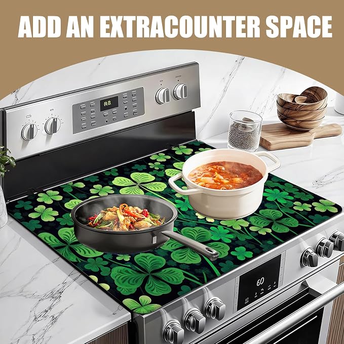 Green Clover Shamrock Stove Top Covers for Electric Stove, St.Patrick's Day Electric Gas Stove Pad Heat Resistant Range Cooktop Protector for Home Decor Kitchen 28"x20"