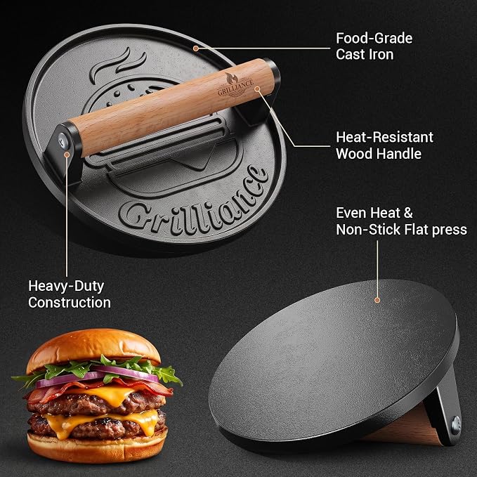 Grilliance Smash Burger Press Kit, Cast Iron Flat Round Hamburger Smasher 6.6" | Heavy Duty Burger with Wooden Handle ,Grill Press for Blackstone Griddle, Skillet, Flattop Grill Cooking