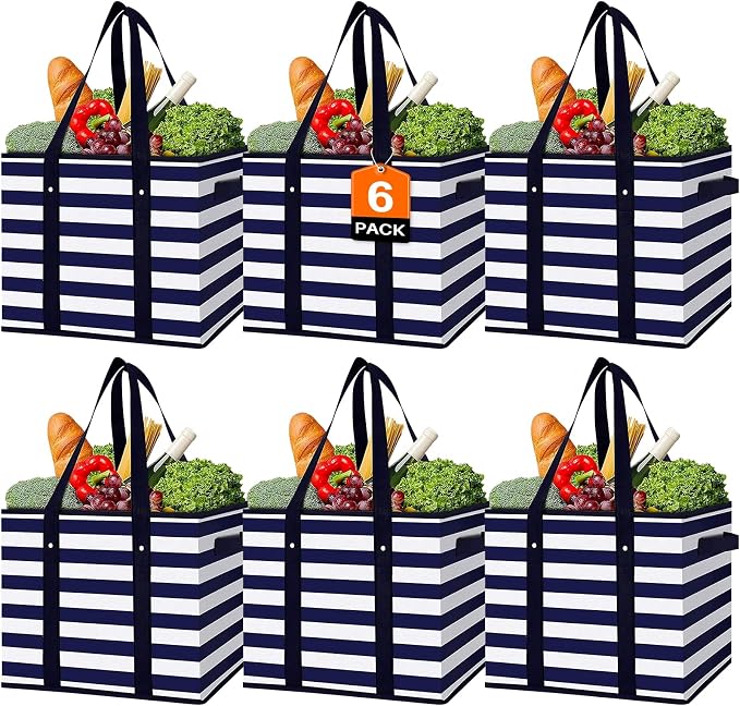 Reusable Grocery Bags 6 Pack, Foldable & Water Resistant Shopping Bags | Large Grocery Tote Bag Water Resistant Shopping Bags Foldable Grocery Bag for Clothes,Shoes and Picnic