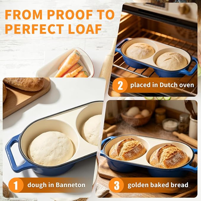2026 Premium Double Enameled Cast Iron Dutch Oven for Sourdough Bread Baking – 2-in-1 Bread Baker with Lid, Dual Mini Loaf Pan, 500°F Oven Safe, Even Heating for Artisan Bread, Nonstick Enamel