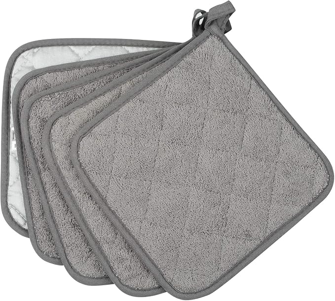 Pot Holders for Kitchen, 100% Cotton Terry Pot Holder Set of 5, Heat Resistant Hot Pads for Cooking, Baking, Hot Dishes and Countertop Protection,Grey