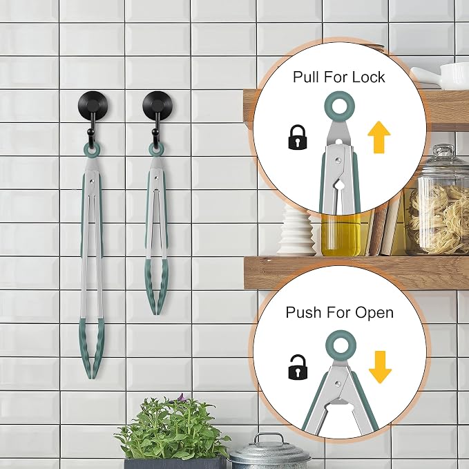 HOTEC Premium Stainless Steel Locking Kitchen Tongs with Silicon Tips, Set of 3-7", 9" and 12" (Sage Green)
