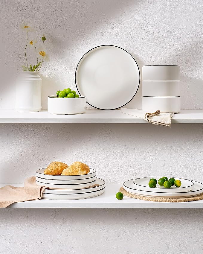 Famiware Porcelain 12-Piece Dinnerware Set, White with Black Trim | Plates and Bowls for 4, Dishwasher & Microwave Safe, Chip & Scratch Resistant, Ideal for Everyday & Formal Use