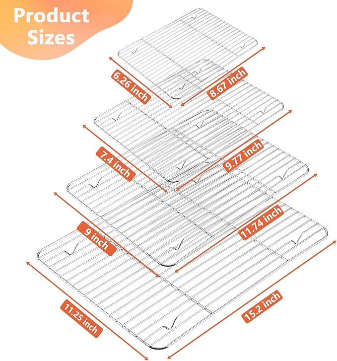 P&P CHEF 4 Pcs Baking Wire Rack for Cooling, 8.6 + 9.7+ 11.6 + 15.3 Inch | Rectangle Cooling Racks for Cooking and Roasting, Fit for Oven Pan, Healthy & Non-Toxic, Rust Free & Dishwasher Safe