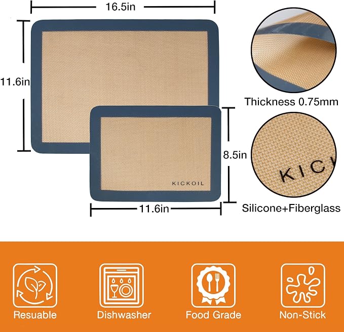 Silicone Baking Mats Set of 3, Non-Stick Reusable BPA-Free Oven Liners | Non Slip Silicone Baking Sheet for Cookies, Macarons, Bread and Pastry, 16.5'' x 11.6''(2 Half) & 11.6' x 8,5''(1 Quarter)