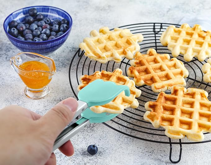 Mini Waffle Tongs by StarBlue Green – 8 Inches Silicone and Nylon Serving Tongs with Non-Slip Smooth Handles, Non-Scratch and Dishwasher Safe, Multipurpose Spatula for Belgian Waffle Serving