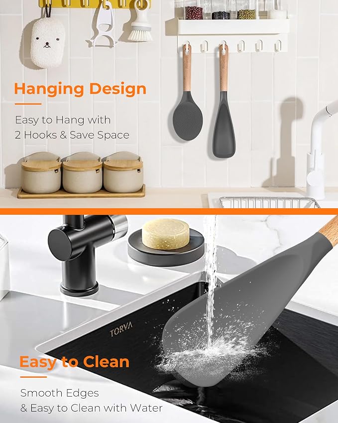 Cooking Spoon Multifunction Spoonula Silicone Spatula Spoon 2-Pack, Dual-Use Heat Resistant 446°F, BPA-Free Non-Toxic Wooden Handle Rice Spoon Set for Non-Stick Cookware & Rice Cookers