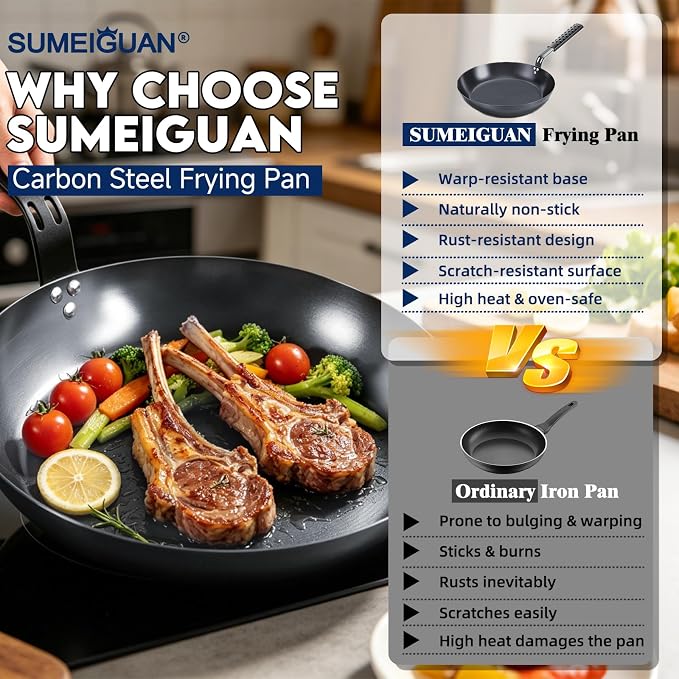 10" Carbon Steel Frying Pan, Pre-Seasoned Nonstick & Chemical-Free | Detachable Silicone Handle Cover, Oven & Dishwasher Safe, Induction Compatible, Chemical-Free Cooking Surface