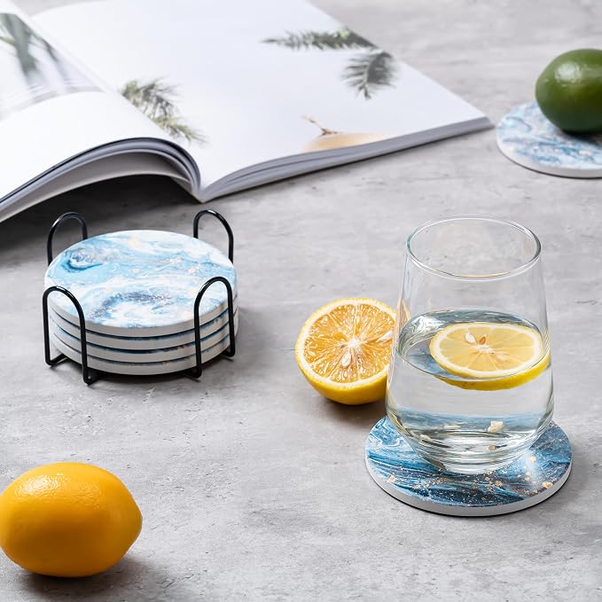 6Pcs Absorbent Coasters Set with Holder,Ceramic Drink Coaster,4 in（A9） | Marble Style Ceramic Drink Coaster,Suitable for Kinds of Cups,Modern Style Coaster for Coffee Table