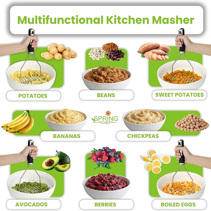 Spring Chef Stainless Steel Potato Masher, Heavy Duty Mashed Potato Smasher | Fruit & Food Smasher For Avocado, Banana, Eggs - Bean Smasher Tool - Durable Metal Mashing Kitchen Tool, Dishwasher Safe