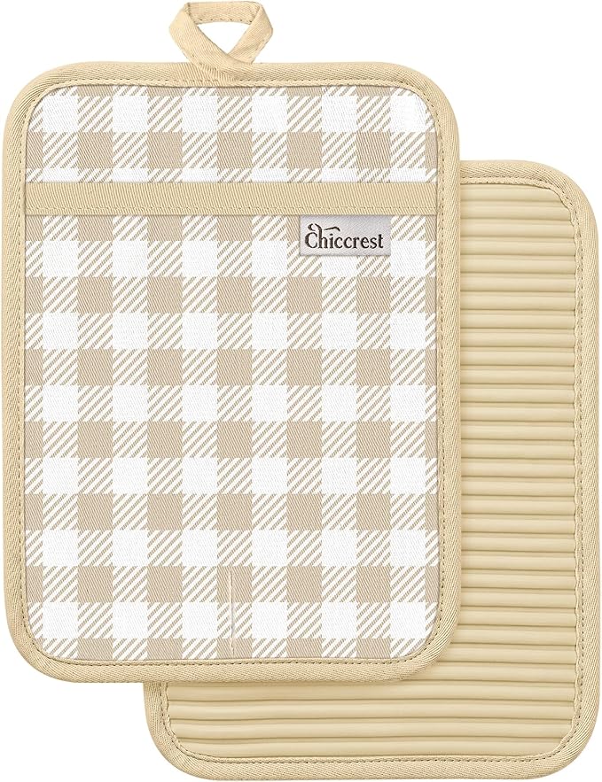 100% Thick Cotton Pot Holders Ribbed Soft Silicone Beige Gingham | Stylish Pot Holders with Pockets, Ribbed Soft Silicone, Machine Washable Non-Slip Heat Resistant Hot Pads 2pcs, Kitchen Gift