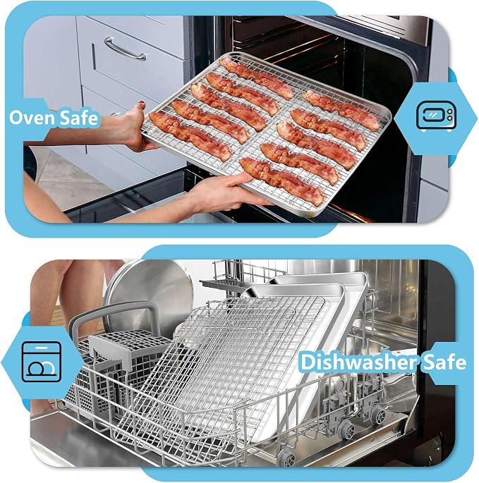 TeamFar Cookie Sheets with Cooling Racks, 2 Pans + 2 Racks, 17.6x13x1 Inch | Stainless Steel Half Size Baking Pan with Grid Rack for Baking Roasting Cooking, Non-Toxic & Heavy Duty, Dishwasher Safe