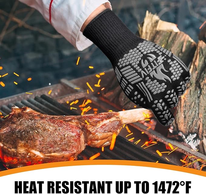 BBQ Gloves, 1472°F Heat Resistant with Silicone Grip Oven Mitts | Non-Slip Grip, for BBQ, Grilling, Oven, Smoker, Cooking and Baking