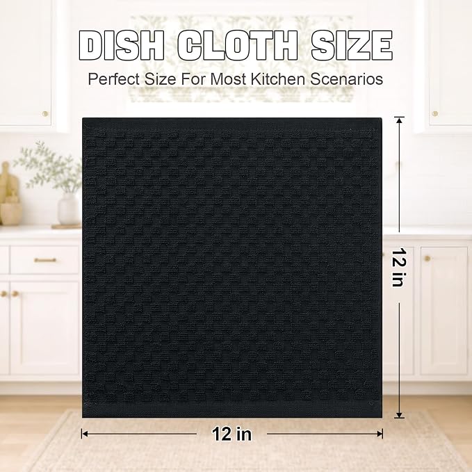 Homaxy 100% Cotton Terry Dish Cloths, 12"x12", 8-Pack, Black | Ultra Soft Absorbent Dish Towels with Hanging Loop, Pineapple Grid Designed