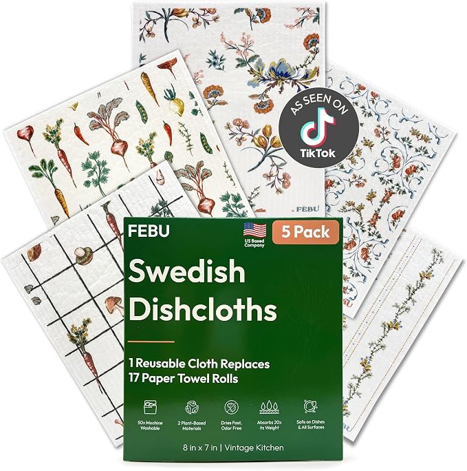 Swedish Dishcloths for Kitchen, 5 Pack, Vintage Kitchen | Reusable Paper Towels Washable, Non-Scratch Cellulose Sponge Cloths, No Odor, Biodegradable