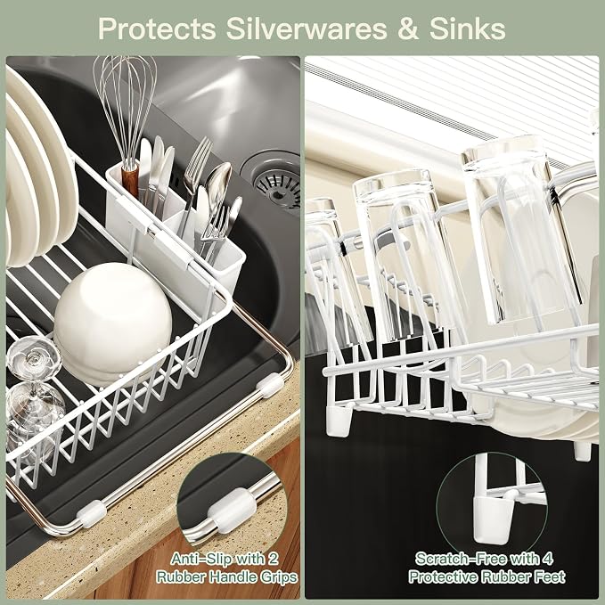 White Dish Drying Rack Over The Sink with Utensil Holder, Mat | Expandable Stainless Steel Dish Drainer for Small Kitchen, Apartment, RV, Counter Space Saving, Perfect Fit, Rustproof