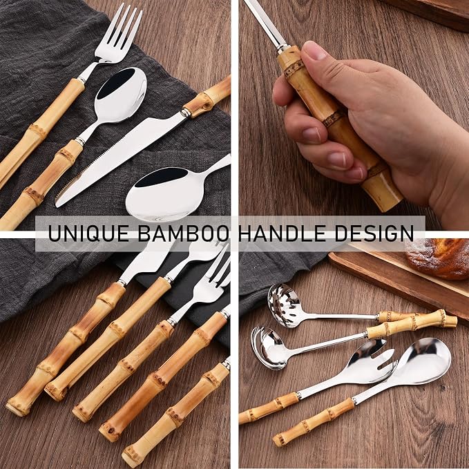 30PCS Silverware Set for 6, Bamboo Handle Flatware Set, Stainless Steel Cutlery Set for Home Restaurant and Party, Bamboo Forks Spoons and Knives Set, Polished Tableware