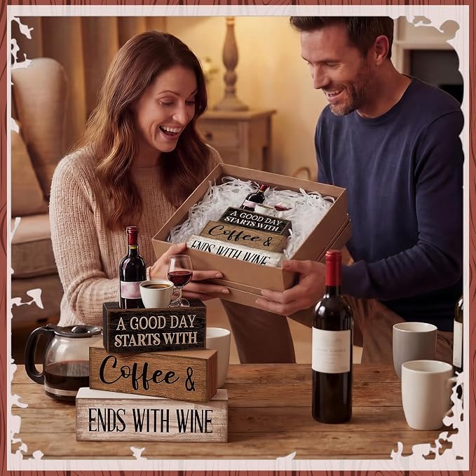 Lineshading 4 Pcs Coffee and Wine Bar Decor Farmhouse Kitchen Counter Decor | Rustic Tabletop Display, Bar Decor for Coffee Wine Lovers, Farmhouse Kitchen Counter Gift, Layered Wooden Blocks