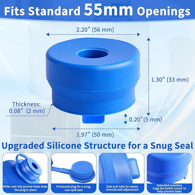5 Gallon Water Jug Caps, 3 Pack, Fits 55mm Openings, Non-Spill Lids | 2-5 Gal Bottles, Reusable Silicone Water Bottle Caps, Refill Transport, Water Cooler Use, Bottle Pump Use, Side Pull Tabs