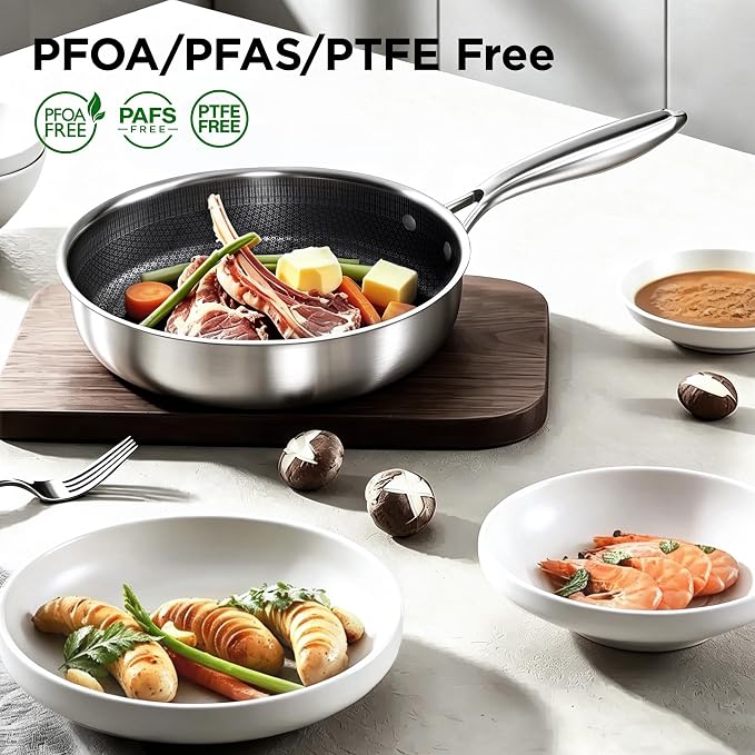 COOKER KING 3.6Qt Hybrid Sauté Pan w/Lid, Nonstick Deep Skillet for Frying | Non-Toxic Coating, Dishwasher & Oven Safe, Induction Ready, Stay-Cool Handle, 3-Ply Stainless Steel Clad for Fast Heat