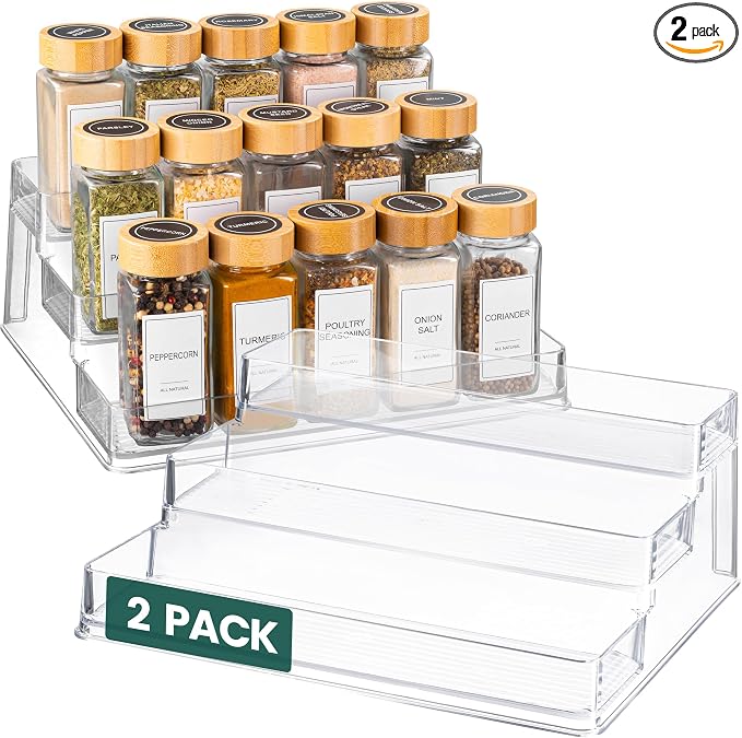 Oizeir Clear Acrylic 3-Tier Spice Rack, Cabinet Pantry Organizer | Clear Acrylic Spice Rack Organizer, 3 Tiers, Deep Shelf, for Cabinet Pantry Countertop, Seasoning Condiment Storage