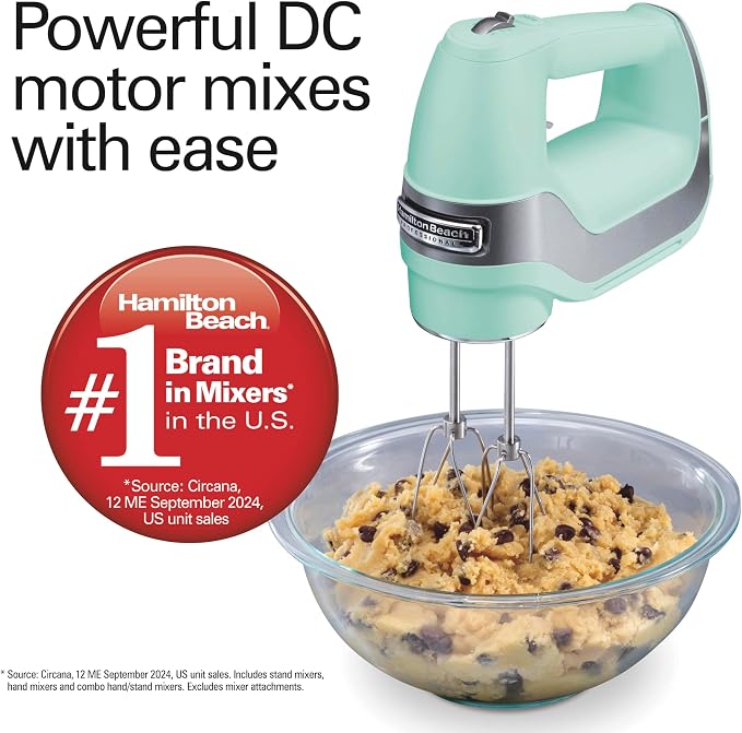 Hamilton Beach Professional 5-Speed Electric Hand Mixer with Snap-On Storage Case, QuickBurst, Stainless Steel Twisted Wire Beaters and Whisk, Mint (62658) | High-Performance DC Motor | Slow Start | Snap-On Storage Case | Stainless Steel Beaters & Whis...
